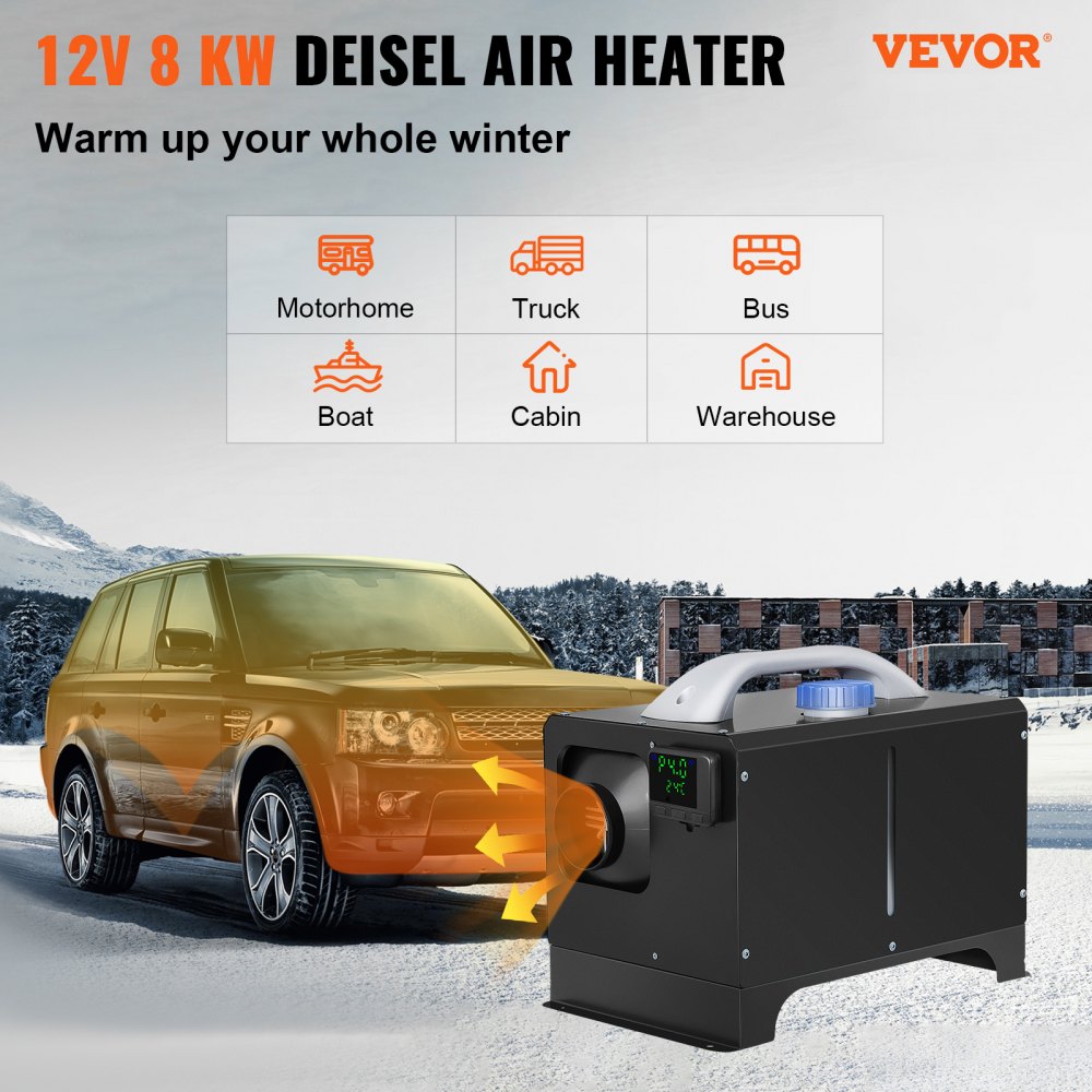 VEVOR Diesel Air Heater, 8KW Parking Heater, All in One 12V Truck Heater, One Outlet Hole, with Black LCD, Remote Control, Fast Heating Diesel Heater, For RV Truck, Boat, Bus, Car Trailer, Motorhomes 