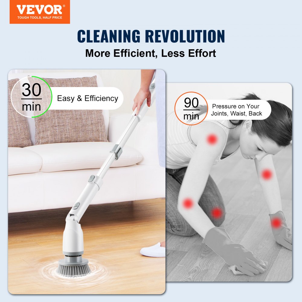 VEVOR Electric Spin Scrubber, Cordless Cleaning Brush with 2 Adjustable Speeds and Extendable Long Handle, 1.5H Runtime Power Shower Scrubber with 4 Replaceable Brush Heads for Bathroom, Tub, Tile 