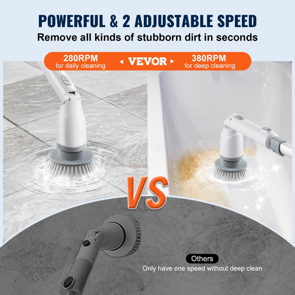 VEVOR Electric Spin Scrubber, Cordless Cleaning Brush with 2 Adjustable Speeds and Extendable Long Handle, 1.5H Runtime Power Shower Scrubber with 4 Replaceable Brush Heads for Bathroom, Tub, Tile 