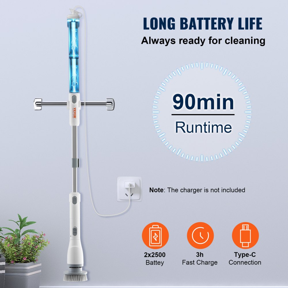 VEVOR Electric Spin Scrubber, Cordless Cleaning Brush with 2 Adjustable Speeds and Extendable Long Handle, 1.5H Runtime Power Shower Scrubber with 4 Replaceable Brush Heads for Bathroom, Tub, Tile 