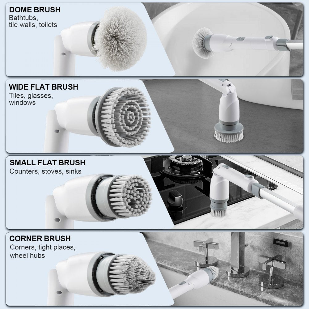 VEVOR Electric Spin Scrubber, Cordless Cleaning Brush with 2 Adjustable Speeds and Extendable Long Handle, 1.5H Runtime Power Shower Scrubber with 4 Replaceable Brush Heads for Bathroom, Tub, Tile 