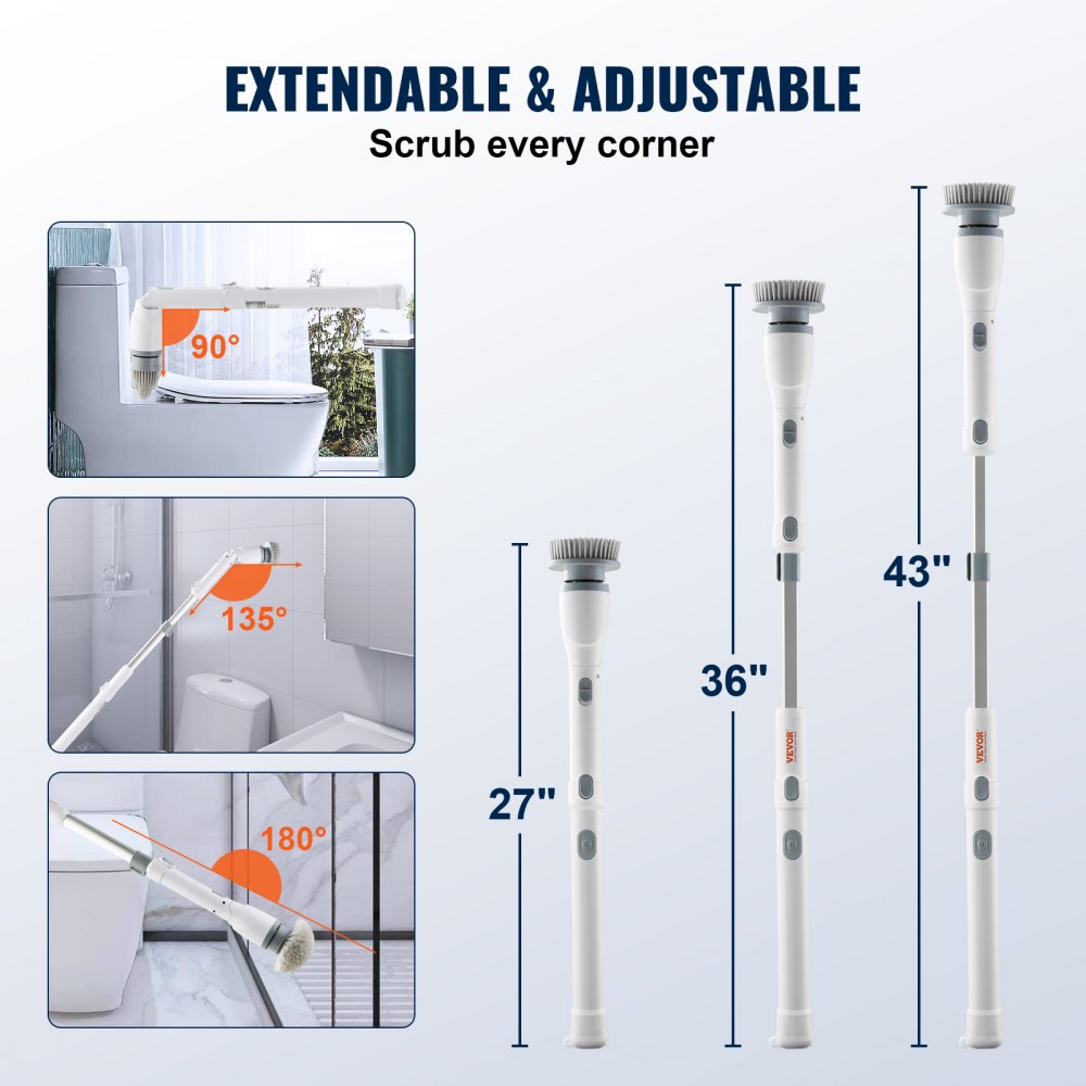 VEVOR Electric Spin Scrubber, Cordless Cleaning Brush with 2 Adjustable Speeds and Extendable Long Handle, 1.5H Runtime Power Shower Scrubber with 4 Replaceable Brush Heads for Bathroom, Tub, Tile 