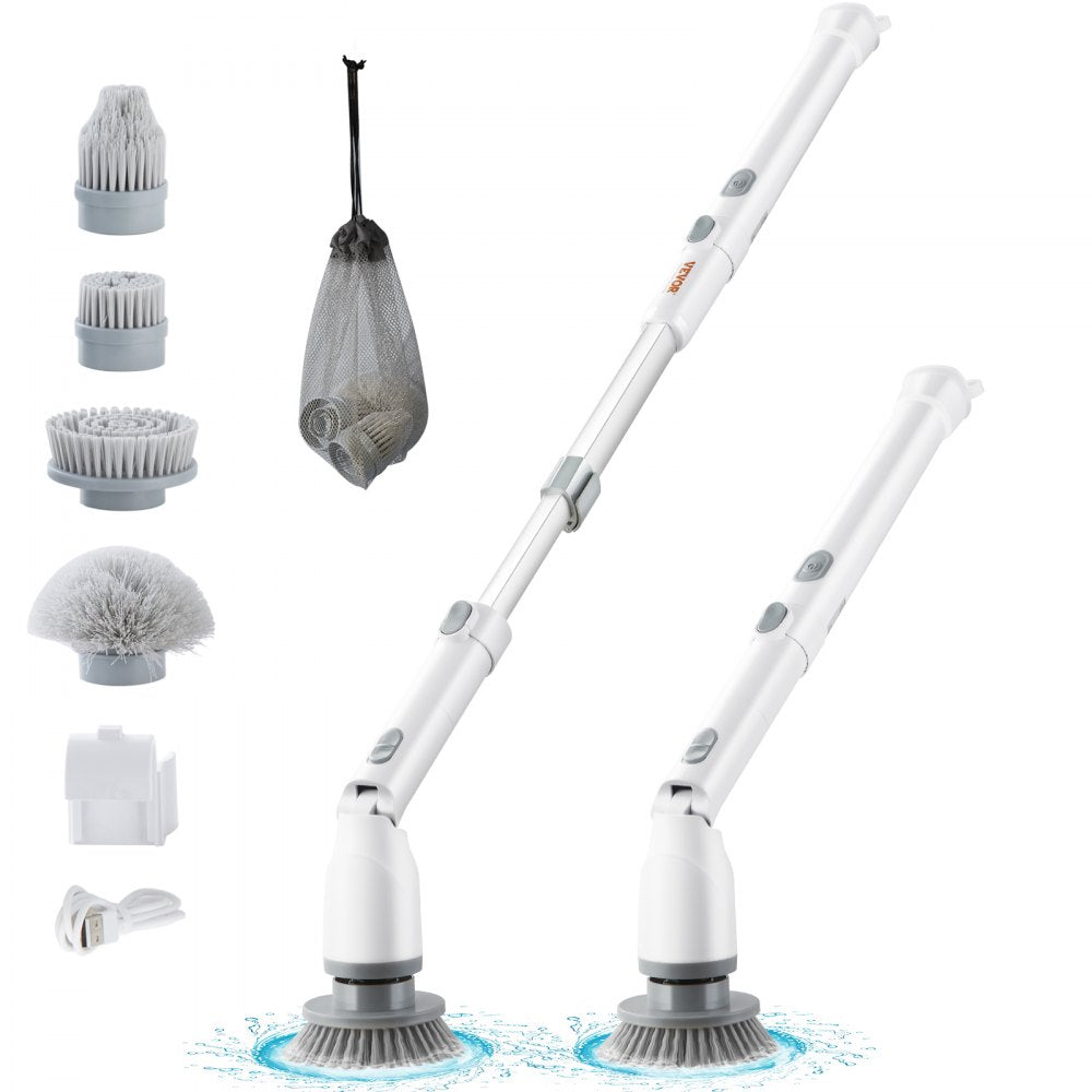 VEVOR Electric Spin Scrubber, Cordless Cleaning Brush with 2 Adjustable Speeds and Extendable Long Handle, 1.5H Runtime Power Shower Scrubber with 4 Replaceable Brush Heads for Bathroom, Tub, Tile 