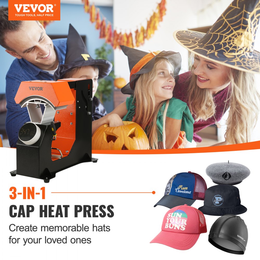 VEVOR Hat Heat Press Auto Cap Heat Press 3 Heating Pads Sublimation Transfer 