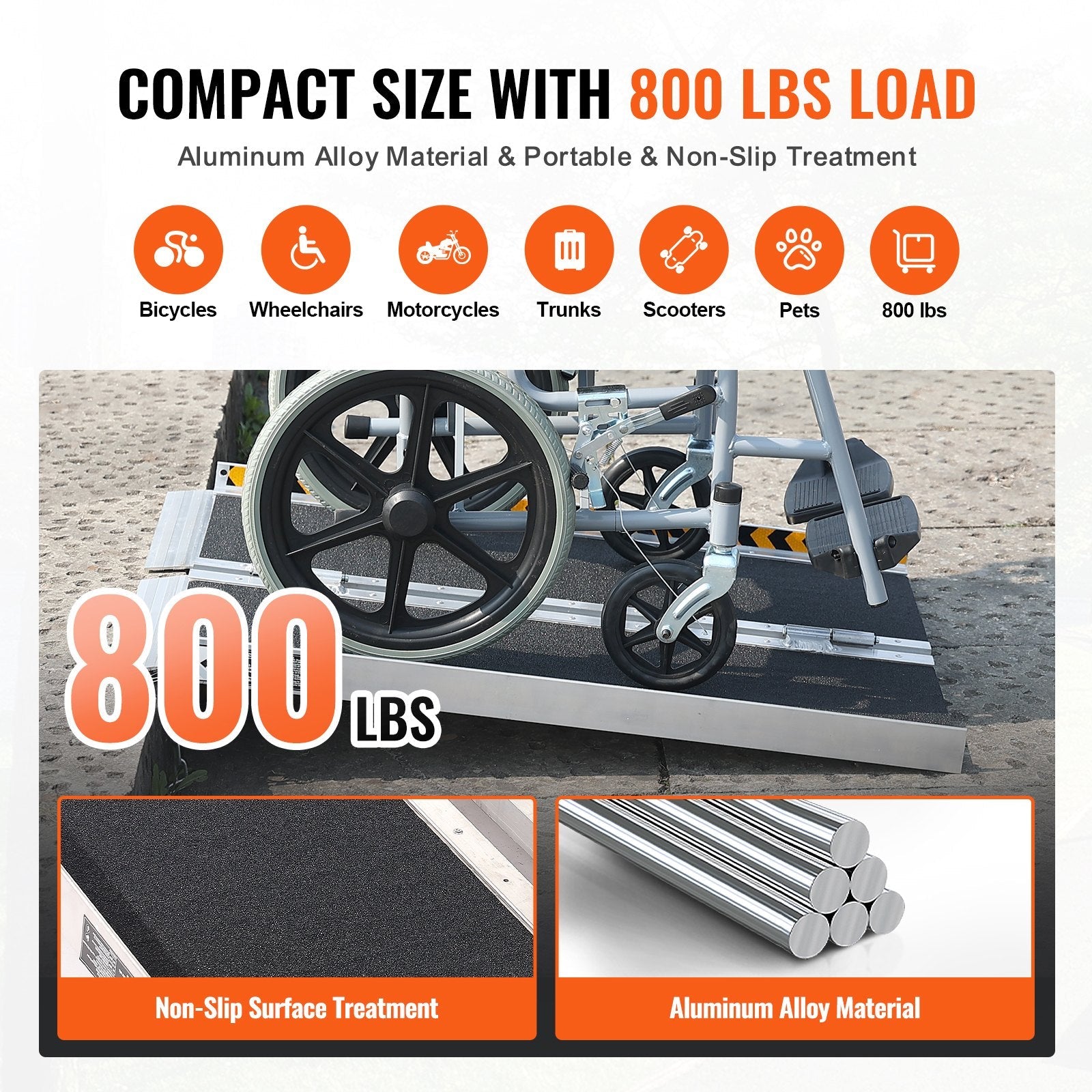 VEVOR Portable Wheelchair Ramp, 2 ft 800 lbs Capacity, Non-Slip Aluminum Folding Threshold Ramp, Foldable Mobility Scooter Ramp Wheel Chair Ramp, Handicap Ramp for Home Steps, Stairs, Doorways, Curbs 