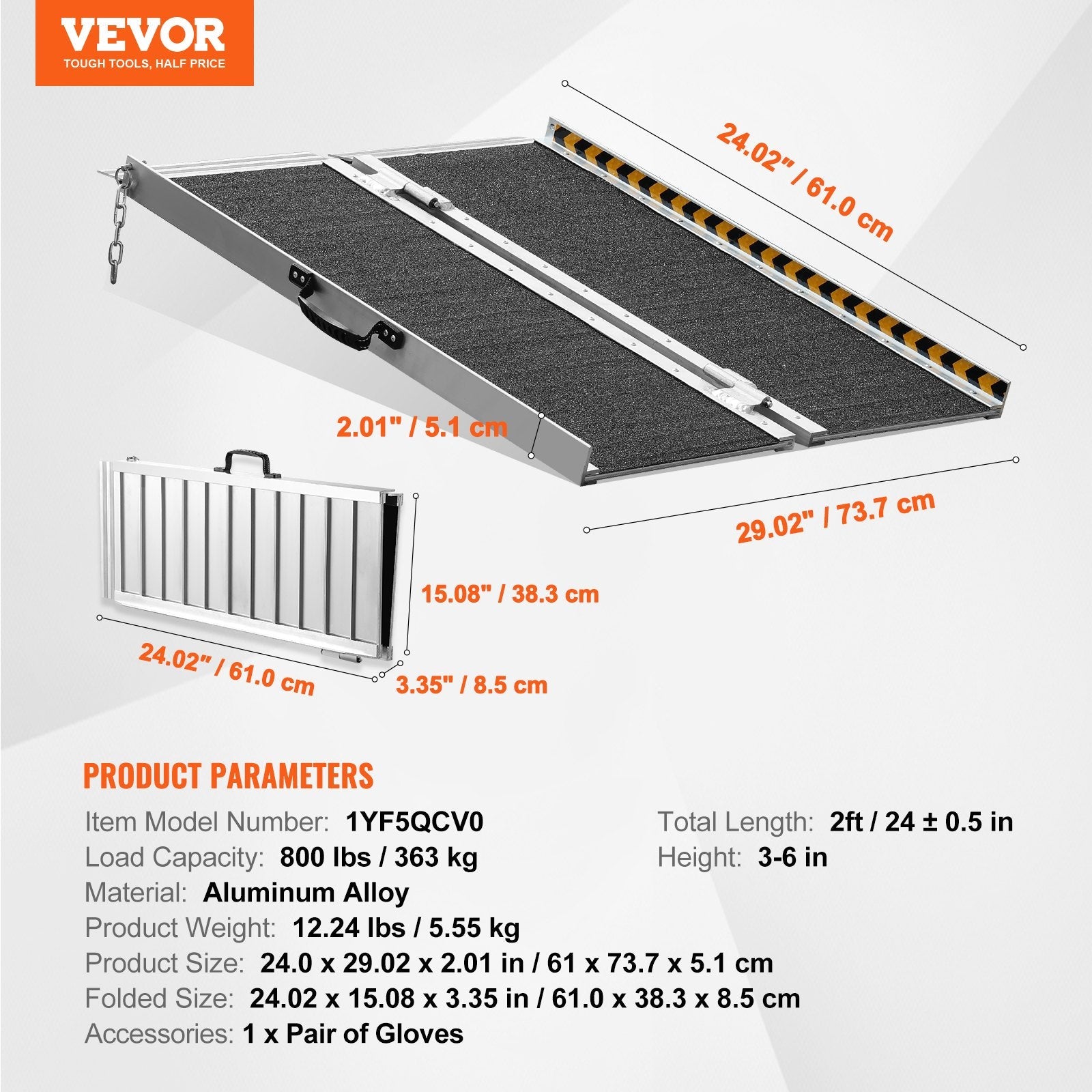 VEVOR Portable Wheelchair Ramp, 2 ft 800 lbs Capacity, Non-Slip Aluminum Folding Threshold Ramp, Foldable Mobility Scooter Ramp Wheel Chair Ramp, Handicap Ramp for Home Steps, Stairs, Doorways, Curbs 