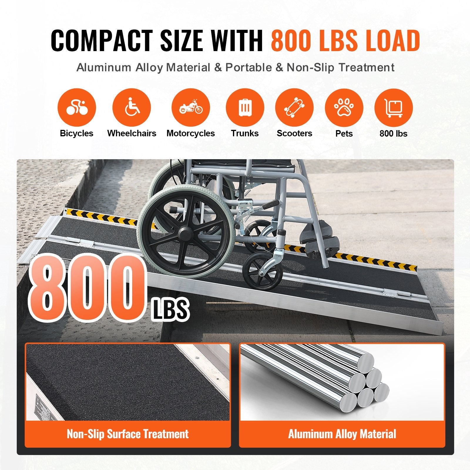 VEVOR Portable Wheelchair Ramp, 4 ft 800 lbs Capacity, Non-Slip Aluminum Folding Threshold Ramp, Foldable Mobility Scooter Ramp Wheel Chair Ramp, Handicap Ramp for Home Steps, Stairs, Doorways, Curbs 