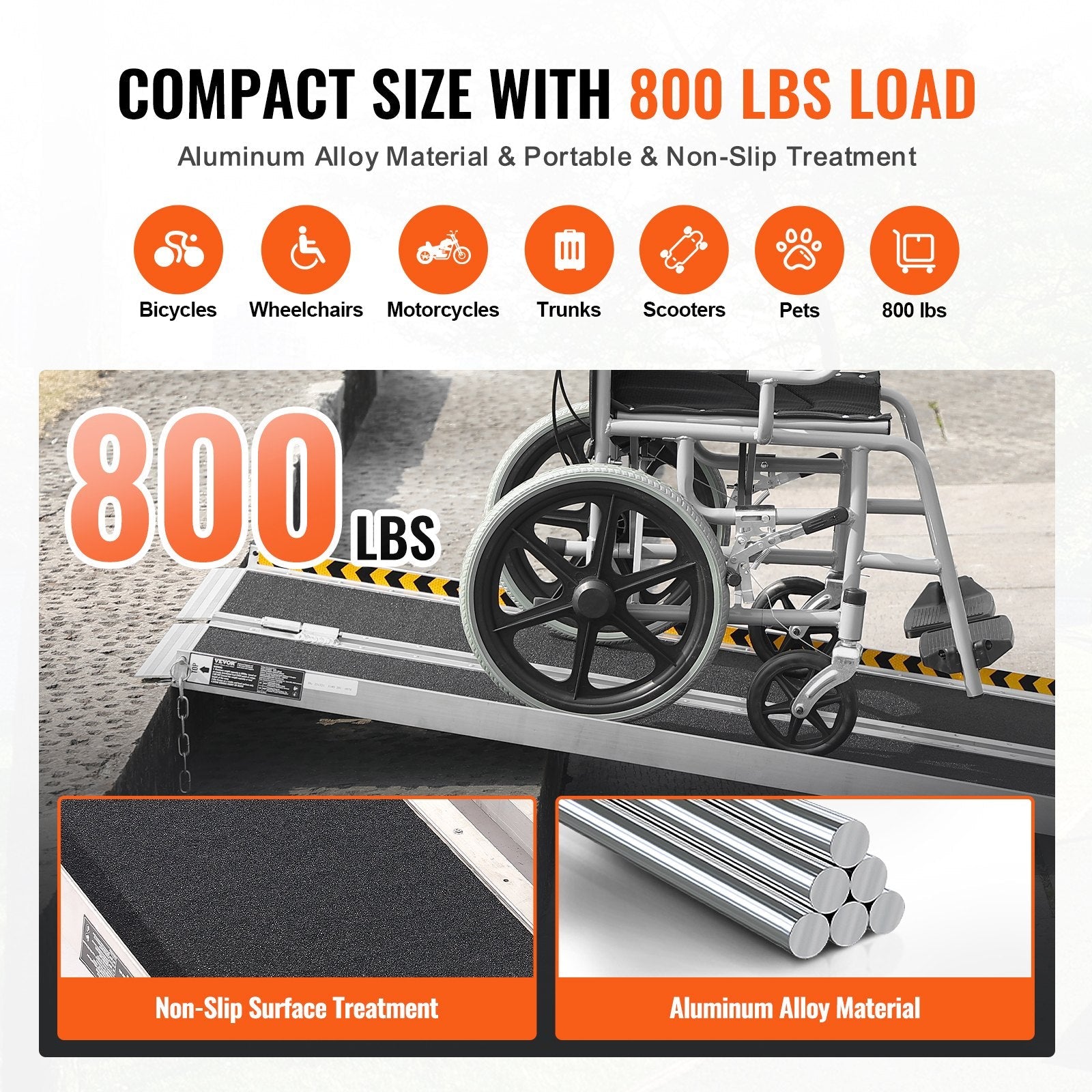 VEVOR Portable Wheelchair Ramp, 6 ft 800 lbs Capacity, Non-Slip Aluminum Folding Threshold Ramp, Foldable Mobility Scooter Ramp Wheel Chair Ramp, Handicap Ramp for Home Steps, Stairs, Doorways, Curbs 