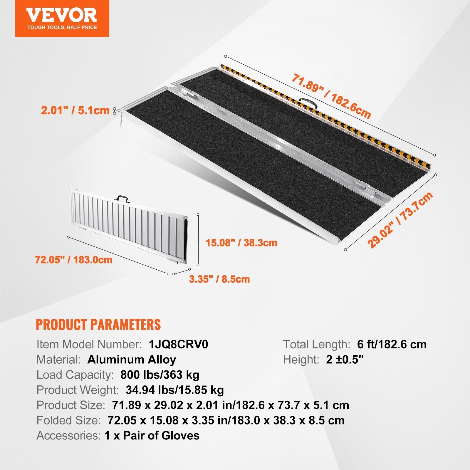 VEVOR Portable Wheelchair Ramp, 6 ft 800 lbs Capacity, Non-Slip Aluminum Folding Threshold Ramp, Foldable Mobility Scooter Ramp Wheel Chair Ramp, Handicap Ramp for Home Steps, Stairs, Doorways, Curbs 