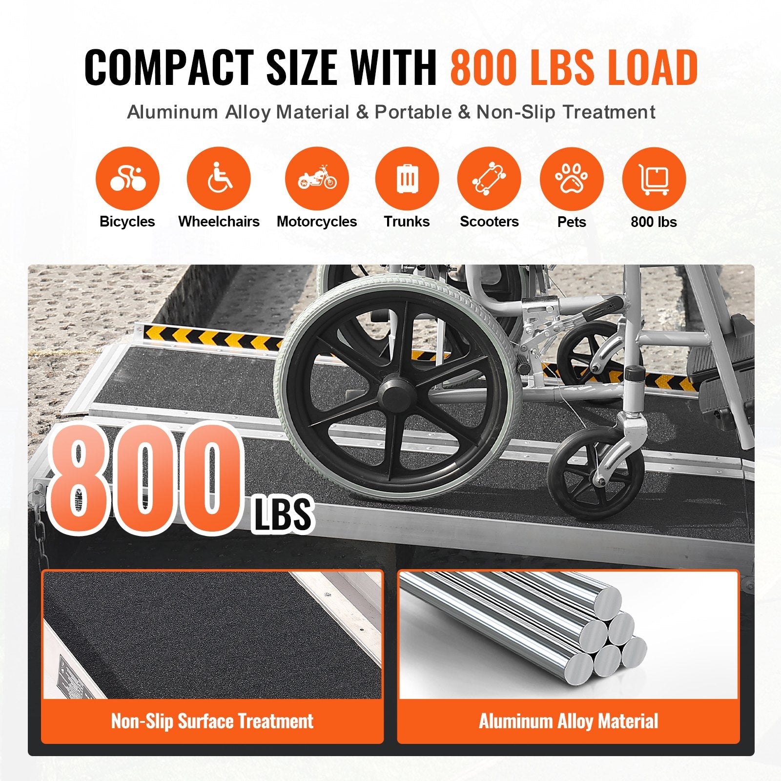 VEVOR Portable Wheelchair Ramp, 7 ft 800 lbs Capacity, Non-Slip Aluminum Folding Threshold Ramp, Foldable Mobility Scooter Ramp Wheel Chair Ramp, Handicap Ramp for Home Steps, Stairs, Doorways, Curbs 
