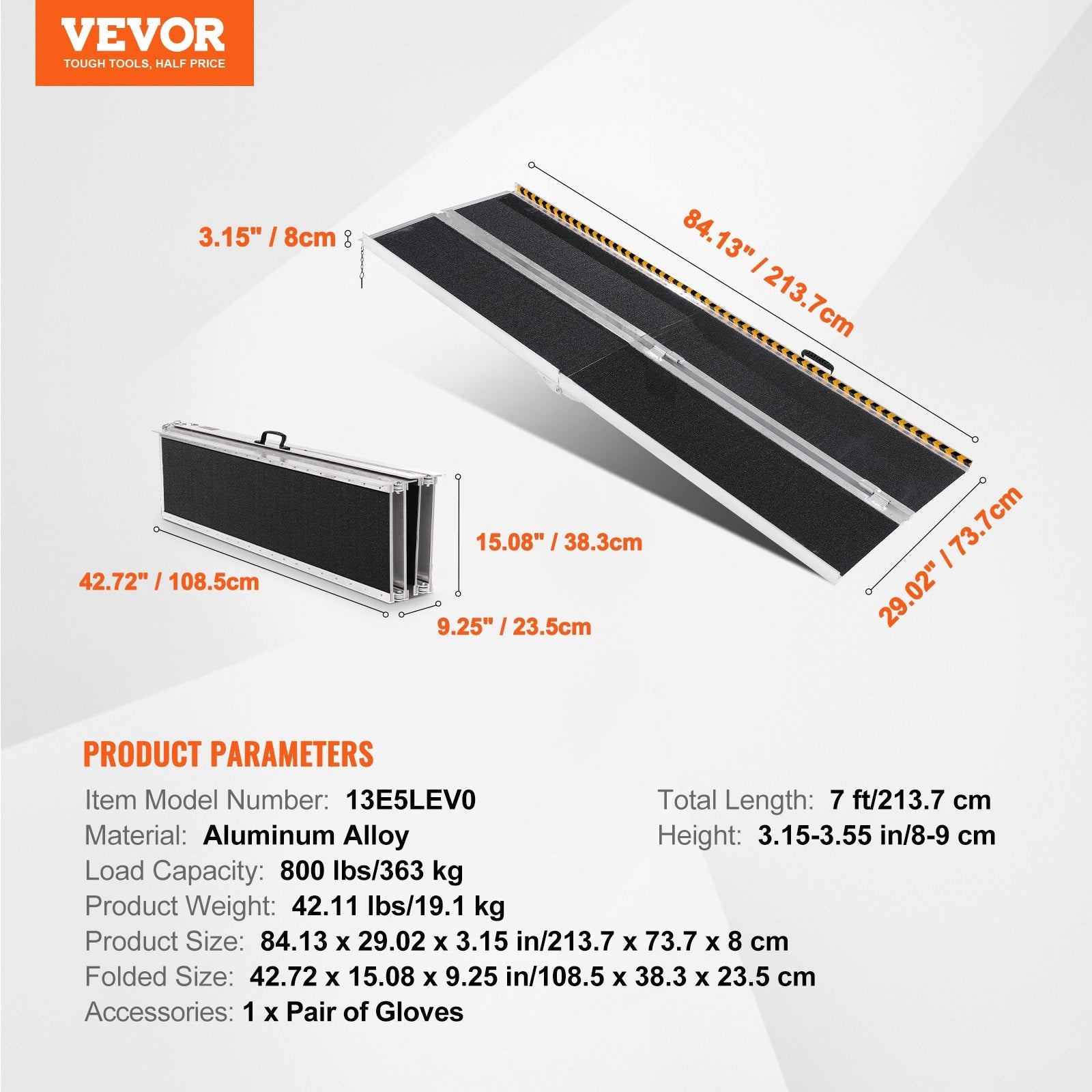 VEVOR Portable Wheelchair Ramp, 7 ft 800 lbs Capacity, Non-Slip Aluminum Folding Threshold Ramp, Foldable Mobility Scooter Ramp Wheel Chair Ramp, Handicap Ramp for Home Steps, Stairs, Doorways, Curbs 