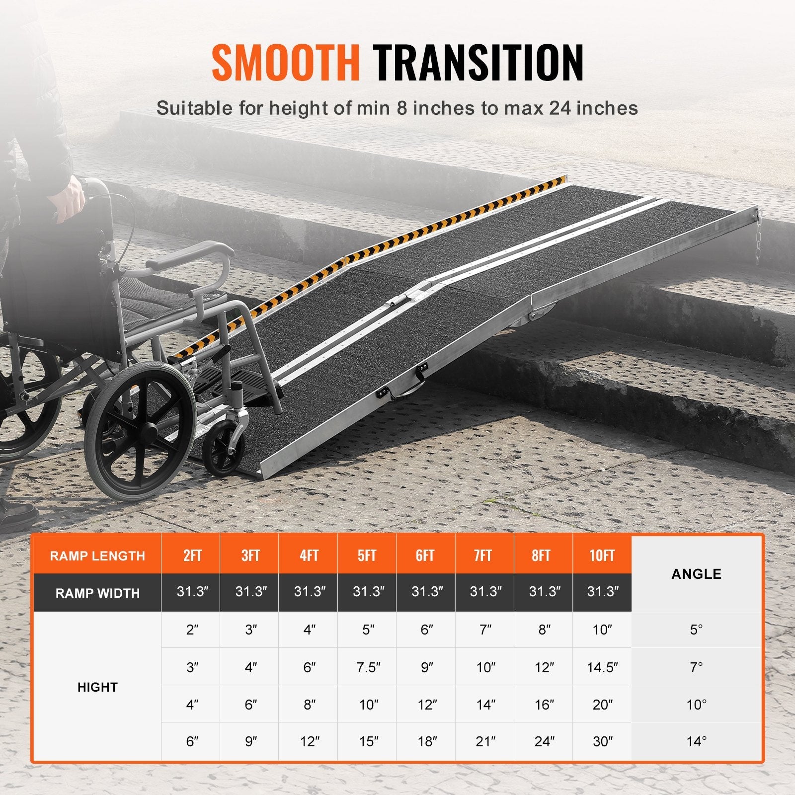 VEVOR Portable Wheelchair Ramp, 8 ft 800 lbs Capacity, Non-Slip Aluminum Folding Threshold Ramp, Foldable Mobility Scooter Ramp Wheel Chair Ramp, Handicap Ramp for Home Steps, Stairs, Doorways, Curbs 