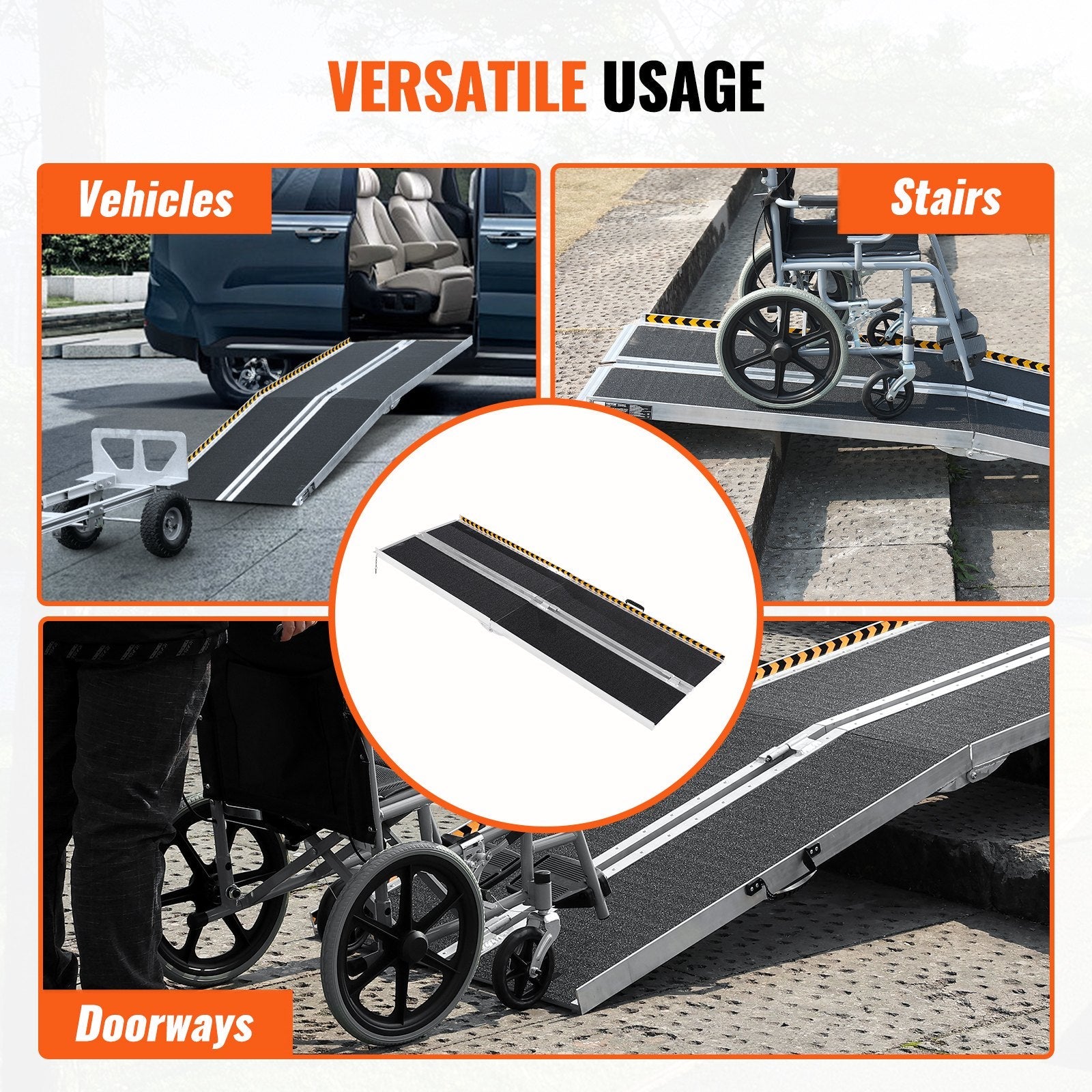 VEVOR Portable Wheelchair Ramp, 8 ft 800 lbs Capacity, Non-Slip Aluminum Folding Threshold Ramp, Foldable Mobility Scooter Ramp Wheel Chair Ramp, Handicap Ramp for Home Steps, Stairs, Doorways, Curbs 