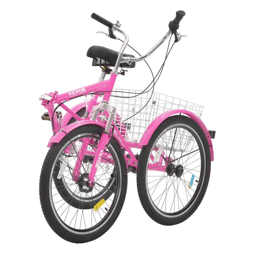 VEVOR Folding Adult Tricycle, 24-Inch 7-Speed Adult Folding Trikes, Carbon Steel 3 Wheel Cruiser Bike with Basket & Adjustable Seat, Shopping Picnic Foldable Tricycles for Women, Men, Seniors (Pink) 