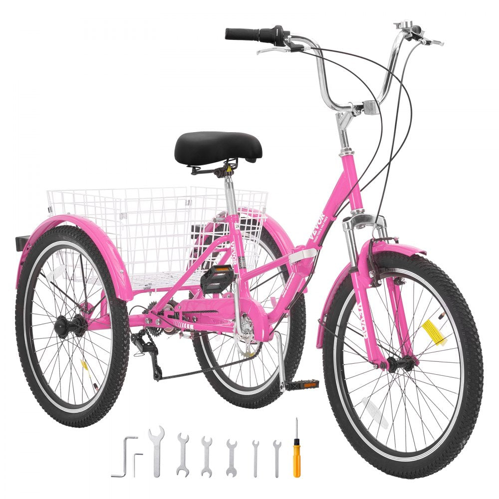 VEVOR Folding Adult Tricycle, 24-Inch 7-Speed Adult Folding Trikes, Carbon Steel 3 Wheel Cruiser Bike with Basket & Adjustable Seat, Shopping Picnic Foldable Tricycles for Women, Men, Seniors (Pink) 