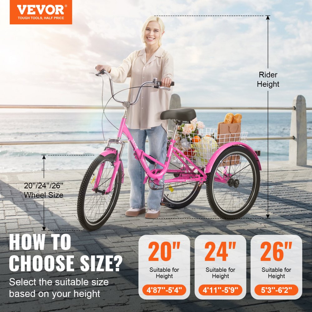 VEVOR Folding Adult Tricycle, 26-Inch Adult Folding Trikes, Carbon Steel 3 Wheel Cruiser Bike with Large Basket & Adjustable Seat, Shopping Picnic Foldable Tricycles for Women, Men, Seniors (Pink) 