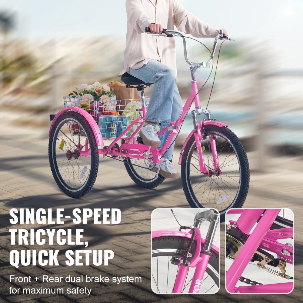 VEVOR Folding Adult Tricycle, 26-Inch Adult Folding Trikes, Carbon Steel 3 Wheel Cruiser Bike with Large Basket & Adjustable Seat, Shopping Picnic Foldable Tricycles for Women, Men, Seniors (Pink) 