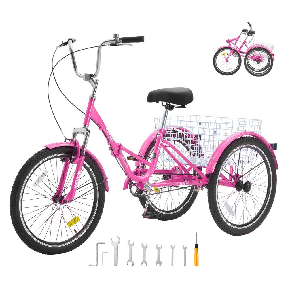 VEVOR Folding Adult Tricycle, 26-Inch Adult Folding Trikes, Carbon Steel 3 Wheel Cruiser Bike with Large Basket & Adjustable Seat, Shopping Picnic Foldable Tricycles for Women, Men, Seniors (Pink) 