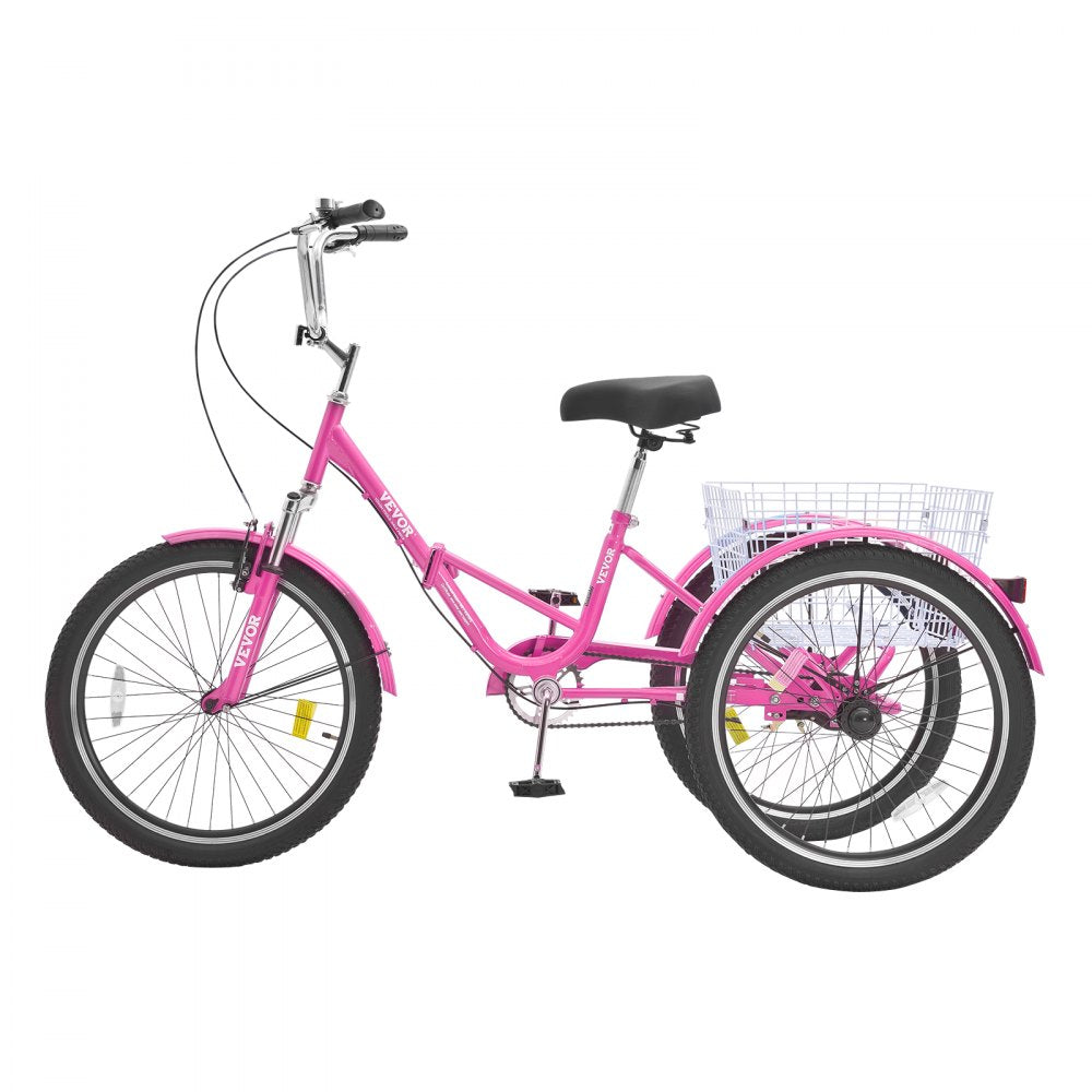 VEVOR Folding Adult Tricycle, 26-Inch Adult Folding Trikes, Carbon Steel 3 Wheel Cruiser Bike with Large Basket & Adjustable Seat, Shopping Picnic Foldable Tricycles for Women, Men, Seniors (Pink) 