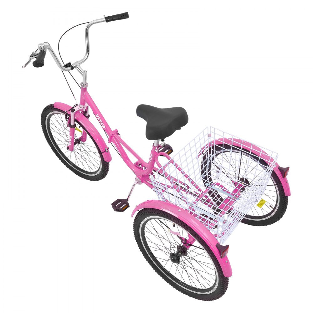 VEVOR Folding Adult Tricycle, 26-Inch Adult Folding Trikes, Carbon Steel 3 Wheel Cruiser Bike with Large Basket & Adjustable Seat, Shopping Picnic Foldable Tricycles for Women, Men, Seniors (Pink) 
