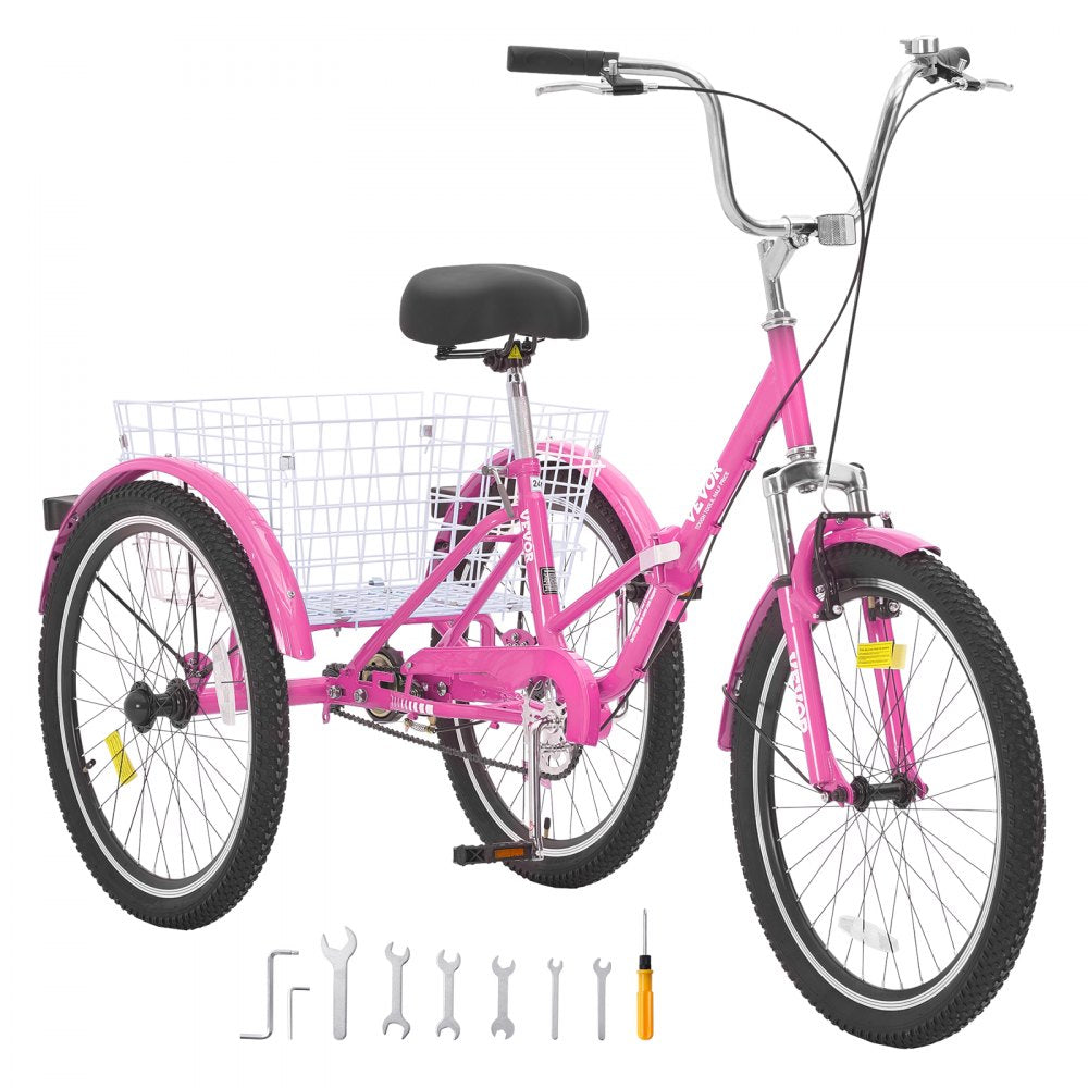 VEVOR Folding Adult Tricycle, 26-Inch Adult Folding Trikes, Carbon Steel 3 Wheel Cruiser Bike with Large Basket & Adjustable Seat, Shopping Picnic Foldable Tricycles for Women, Men, Seniors (Pink) 