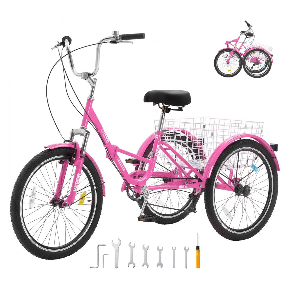 VEVOR Folding Adult Tricycle, 26-Inch 7-Speed Adult Folding Trikes, Carbon Steel 3 Wheel Cruiser Bike with Basket & Adjustable Seat, Shopping Picnic Foldable Tricycles for Women, Men, Seniors (Pink) 