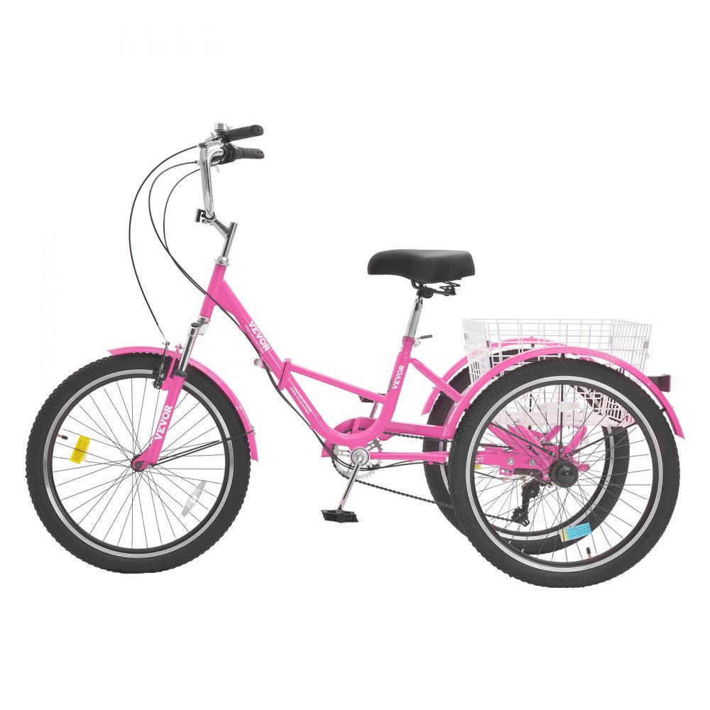 VEVOR Folding Adult Tricycle, 26-Inch 7-Speed Adult Folding Trikes, Carbon Steel 3 Wheel Cruiser Bike with Basket & Adjustable Seat, Shopping Picnic Foldable Tricycles for Women, Men, Seniors (Pink) 