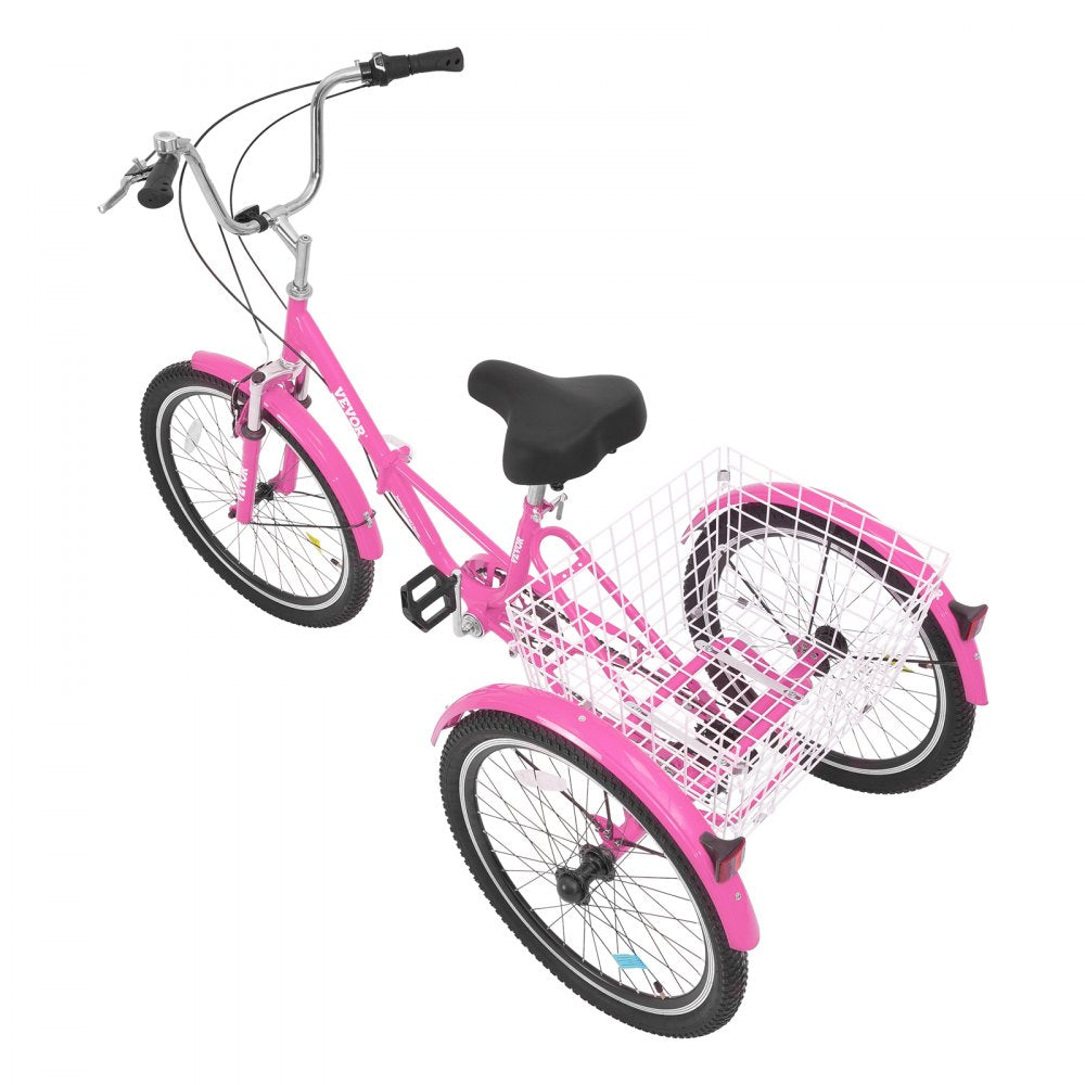 VEVOR Folding Adult Tricycle, 26-Inch 7-Speed Adult Folding Trikes, Carbon Steel 3 Wheel Cruiser Bike with Basket & Adjustable Seat, Shopping Picnic Foldable Tricycles for Women, Men, Seniors (Pink) 