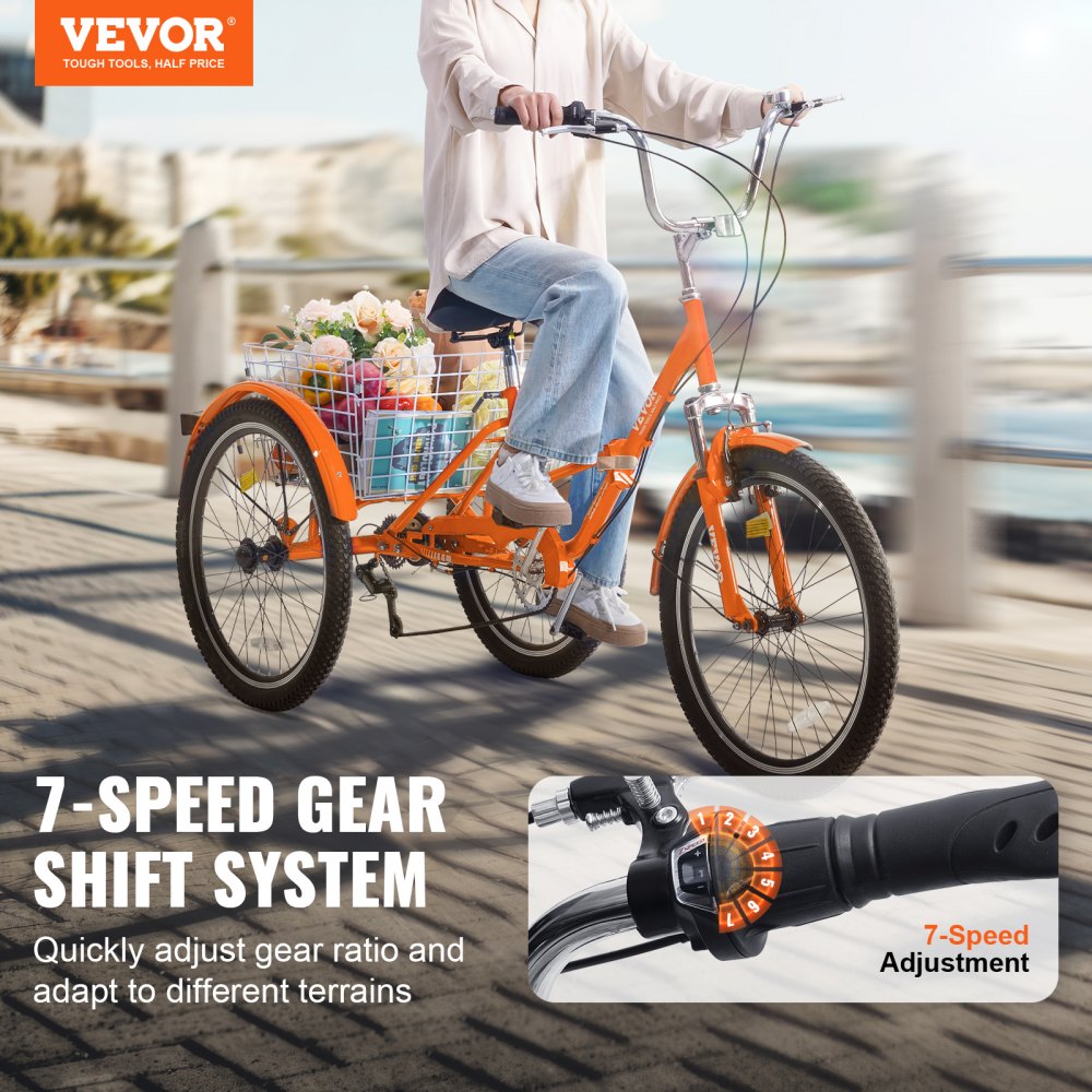VEVOR Folding Adult Tricycle, 24-Inch 7-Speed Adult Folding Trikes, Carbon Steel 3 Wheel Cruiser Bike with Basket & Adjustable Seat, Shopping Picnic Foldable Tricycles for Women, Men, Seniors (Orange) 