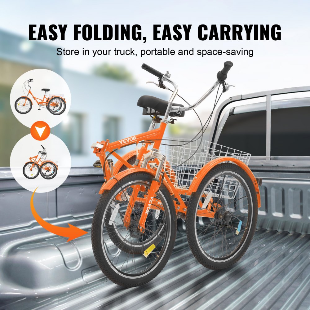 VEVOR Folding Adult Tricycle, 24-Inch 7-Speed Adult Folding Trikes, Carbon Steel 3 Wheel Cruiser Bike with Basket & Adjustable Seat, Shopping Picnic Foldable Tricycles for Women, Men, Seniors (Orange) 