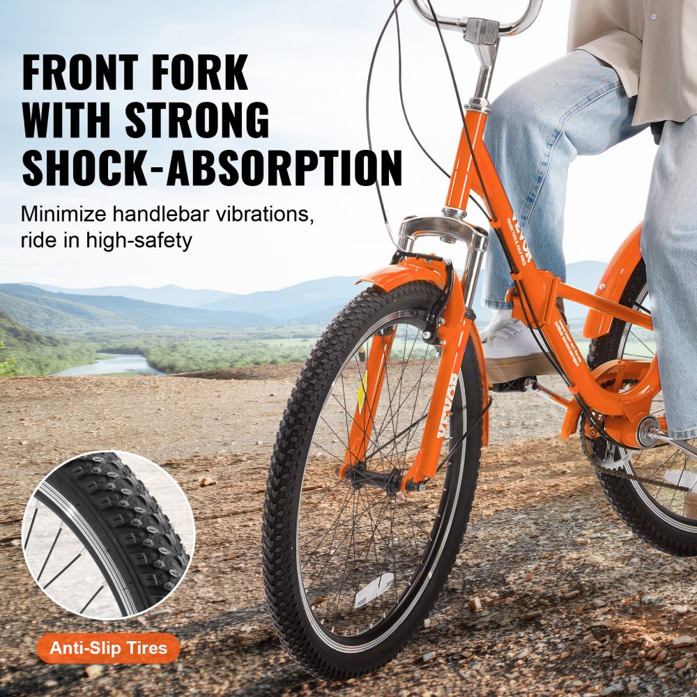 VEVOR Folding Adult Tricycle, 24-Inch 7-Speed Adult Folding Trikes, Carbon Steel 3 Wheel Cruiser Bike with Basket & Adjustable Seat, Shopping Picnic Foldable Tricycles for Women, Men, Seniors (Orange) 