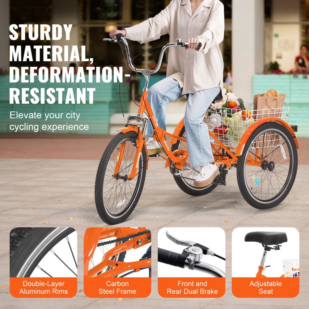 VEVOR Folding Adult Tricycle, 24-Inch 7-Speed Adult Folding Trikes, Carbon Steel 3 Wheel Cruiser Bike with Basket & Adjustable Seat, Shopping Picnic Foldable Tricycles for Women, Men, Seniors (Orange) 