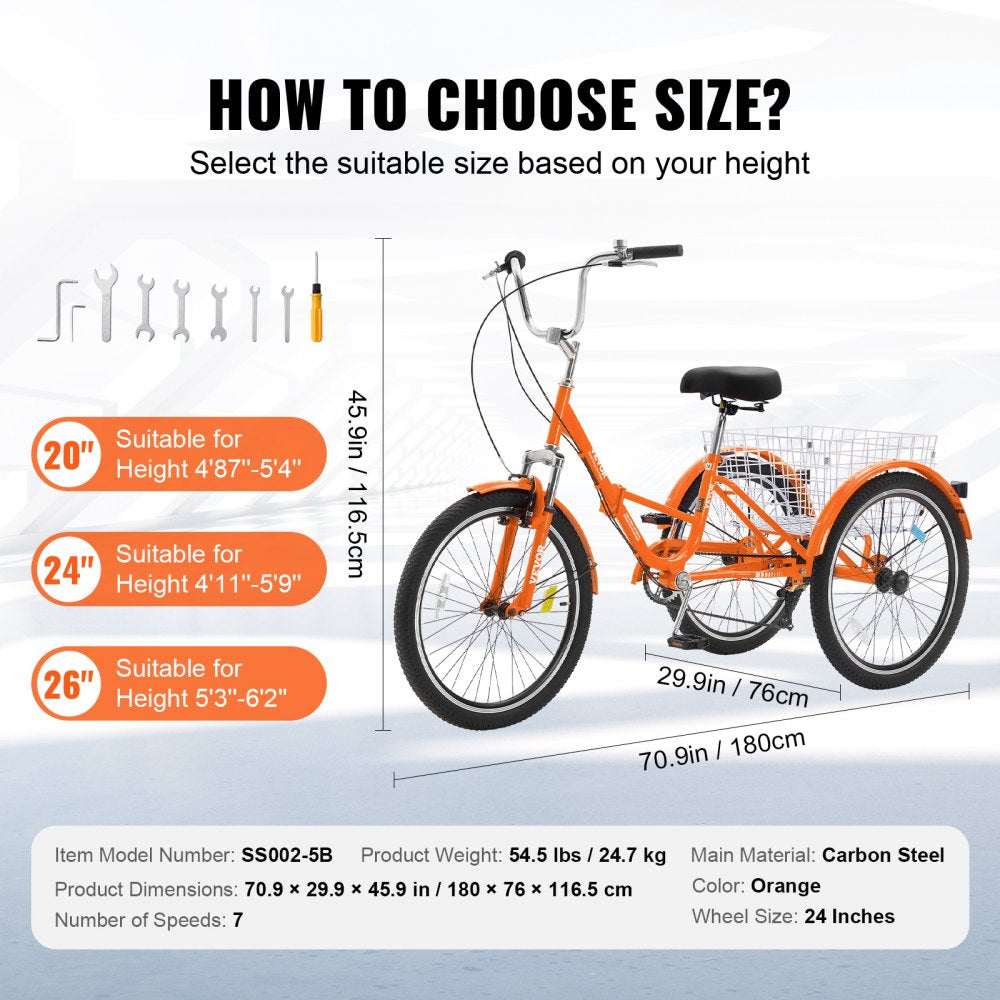 VEVOR Folding Adult Tricycle, 24-Inch 7-Speed Adult Folding Trikes, Carbon Steel 3 Wheel Cruiser Bike with Basket & Adjustable Seat, Shopping Picnic Foldable Tricycles for Women, Men, Seniors (Orange) 