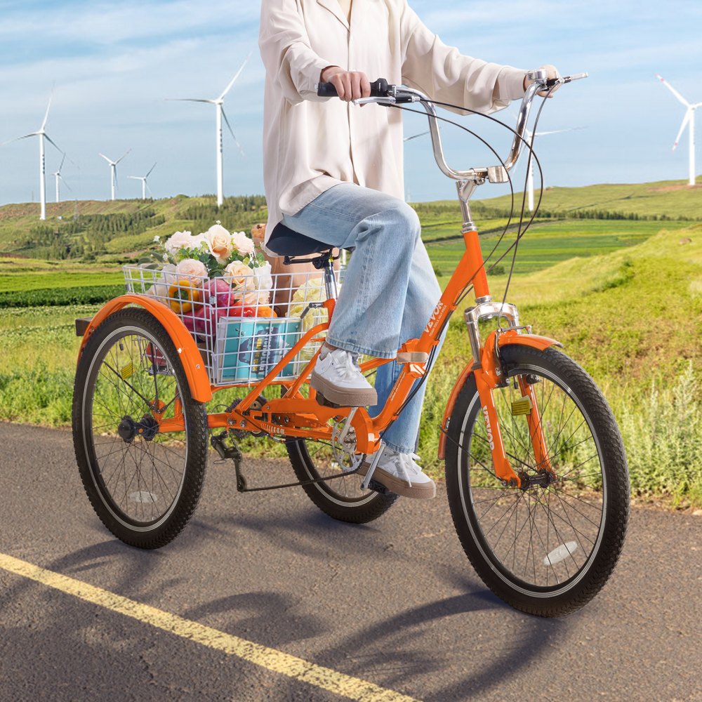 VEVOR Folding Adult Tricycle, 24-Inch 7-Speed Adult Folding Trikes, Carbon Steel 3 Wheel Cruiser Bike with Basket & Adjustable Seat, Shopping Picnic Foldable Tricycles for Women, Men, Seniors (Orange) 