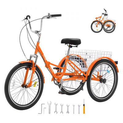 VEVOR Folding Adult Tricycle, 24-Inch 7-Speed Adult Folding Trikes, Carbon Steel 3 Wheel Cruiser Bike with Basket & Adjustable Seat, Shopping Picnic Foldable Tricycles for Women, Men, Seniors (Orange) 