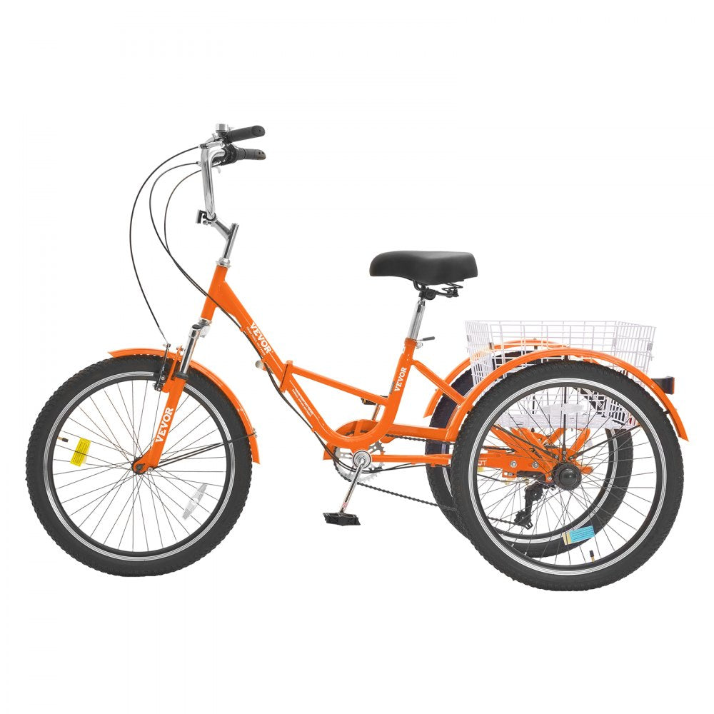 VEVOR Folding Adult Tricycle, 24-Inch 7-Speed Adult Folding Trikes, Carbon Steel 3 Wheel Cruiser Bike with Basket & Adjustable Seat, Shopping Picnic Foldable Tricycles for Women, Men, Seniors (Orange) 