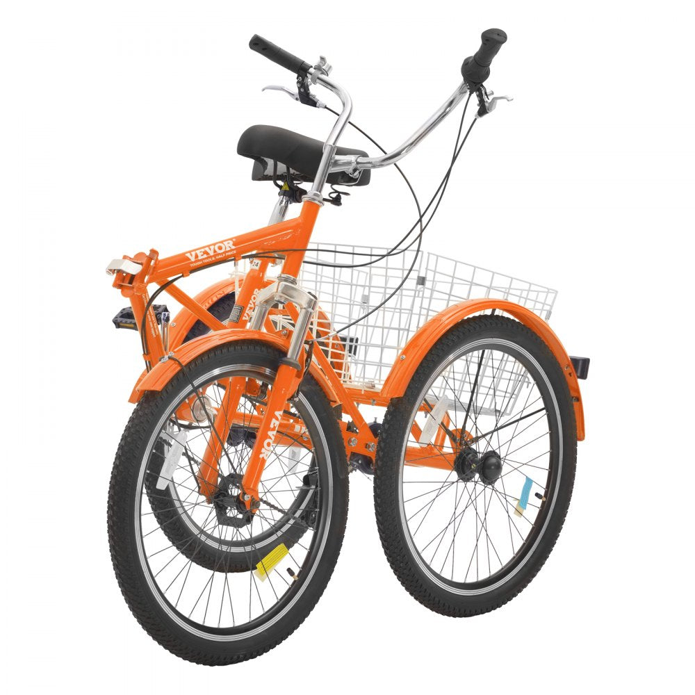 VEVOR Folding Adult Tricycle, 24-Inch 7-Speed Adult Folding Trikes, Carbon Steel 3 Wheel Cruiser Bike with Basket & Adjustable Seat, Shopping Picnic Foldable Tricycles for Women, Men, Seniors (Orange) 
