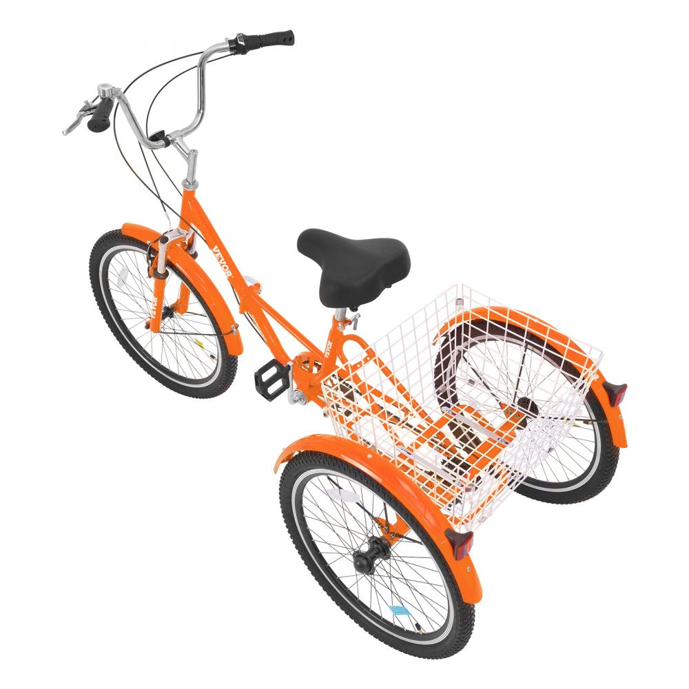 VEVOR Folding Adult Tricycle, 24-Inch 7-Speed Adult Folding Trikes, Carbon Steel 3 Wheel Cruiser Bike with Basket & Adjustable Seat, Shopping Picnic Foldable Tricycles for Women, Men, Seniors (Orange) 