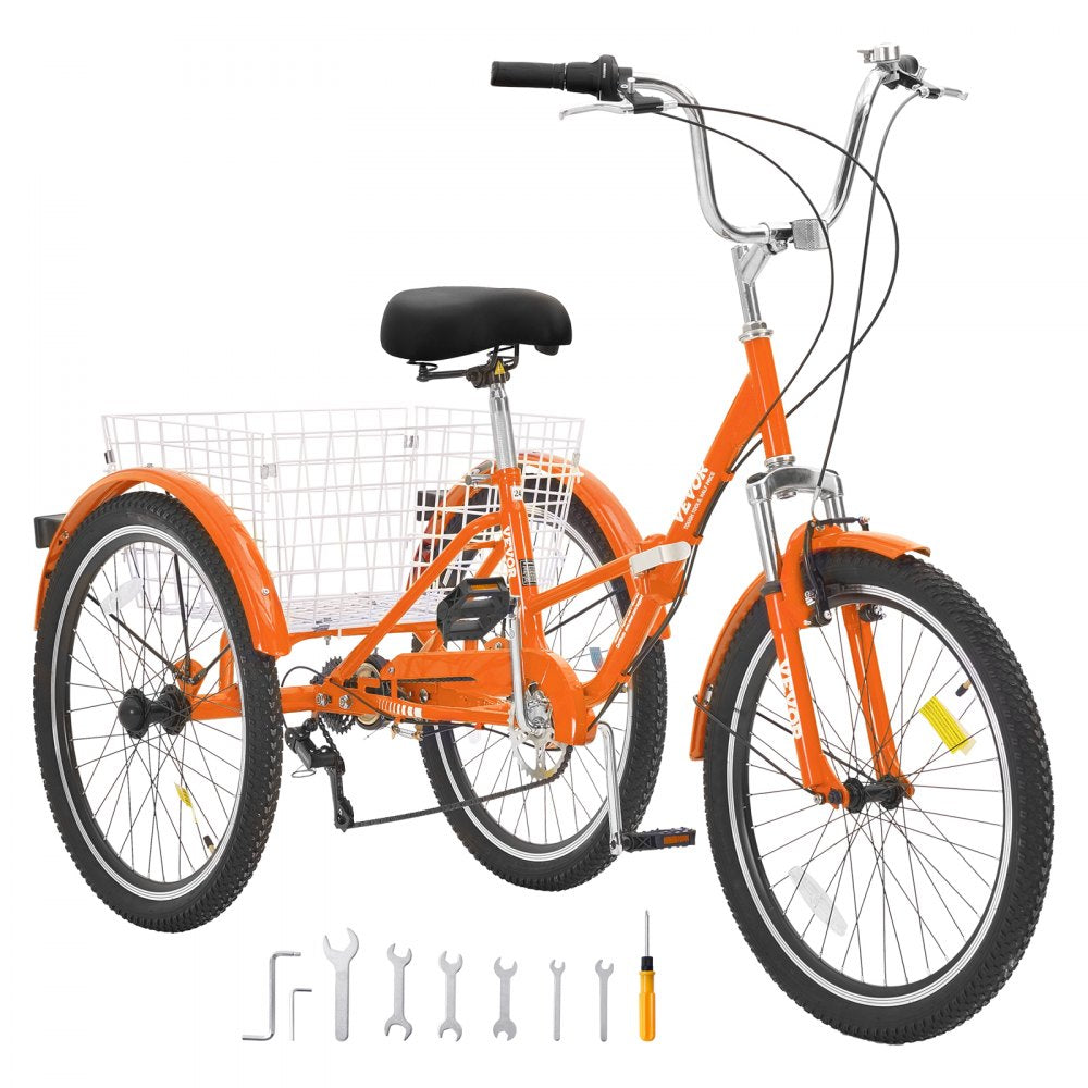 VEVOR Folding Adult Tricycle, 24-Inch 7-Speed Adult Folding Trikes, Carbon Steel 3 Wheel Cruiser Bike with Basket & Adjustable Seat, Shopping Picnic Foldable Tricycles for Women, Men, Seniors (Orange) 