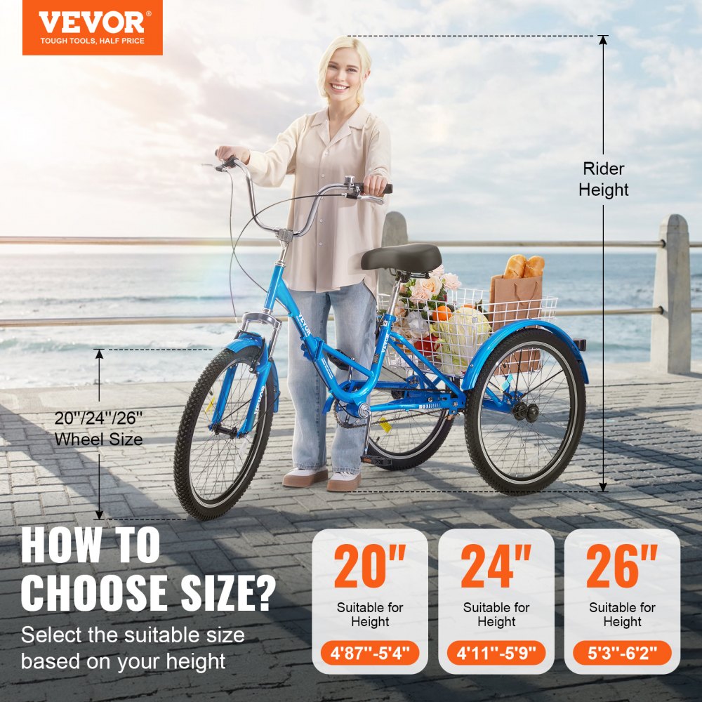 VEVOR Folding Adult Tricycle, 26-Inch Adult Folding Trikes, Carbon Steel 3 Wheel Cruiser Bike with Large Basket & Adjustable Seat, Shopping Picnic Foldable Tricycles for Women, Men, Seniors (Blue) 