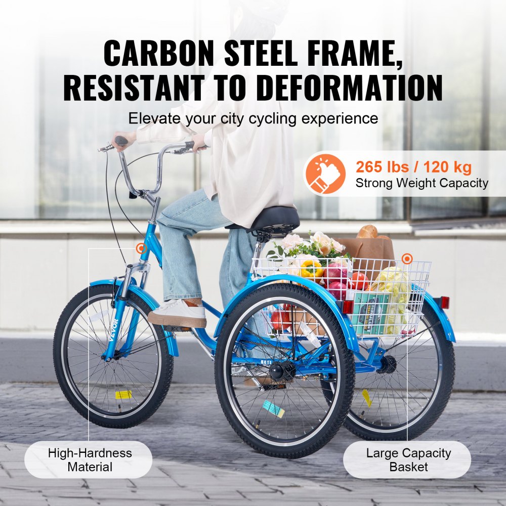 VEVOR Folding Adult Tricycle, 26-Inch Adult Folding Trikes, Carbon Steel 3 Wheel Cruiser Bike with Large Basket & Adjustable Seat, Shopping Picnic Foldable Tricycles for Women, Men, Seniors (Blue) 