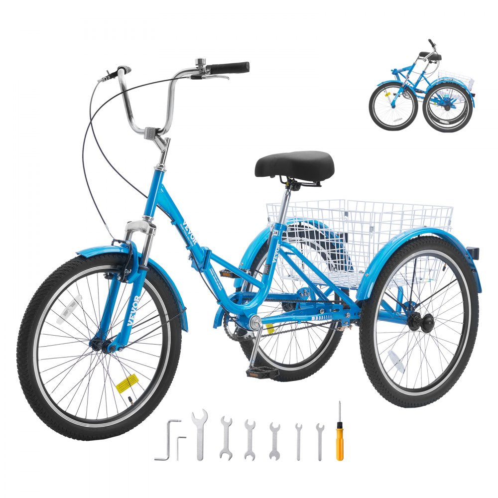 VEVOR Folding Adult Tricycle, 26-Inch Adult Folding Trikes, Carbon Steel 3 Wheel Cruiser Bike with Large Basket & Adjustable Seat, Shopping Picnic Foldable Tricycles for Women, Men, Seniors (Blue) 