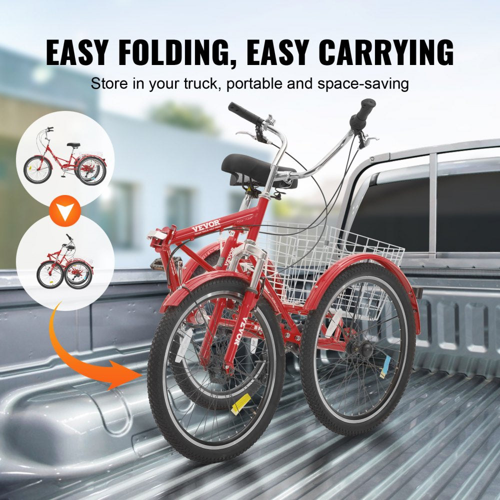 VEVOR Folding Adult Tricycle, 26-Inch 7-Speed Adult Folding Trikes, Carbon Steel 3 Wheel Cruiser Bike with Basket & Adjustable Seat, Shopping Picnic Foldable Tricycles for Women, Men, Seniors (Red) 