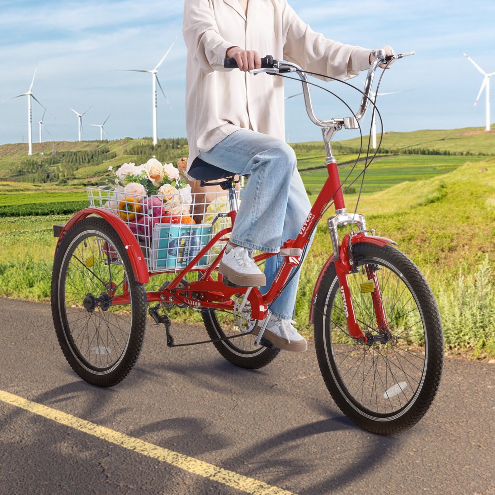 VEVOR Folding Adult Tricycle, 26-Inch 7-Speed Adult Folding Trikes, Carbon Steel 3 Wheel Cruiser Bike with Basket & Adjustable Seat, Shopping Picnic Foldable Tricycles for Women, Men, Seniors (Red) 