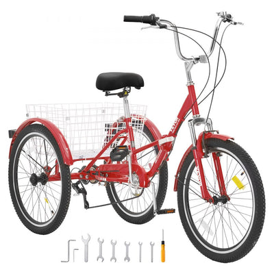 VEVOR Folding Adult Tricycle, 26-Inch 7-Speed Adult Folding Trikes, Carbon Steel 3 Wheel Cruiser Bike with Basket & Adjustable Seat, Shopping Picnic Foldable Tricycles for Women, Men, Seniors (Red) 