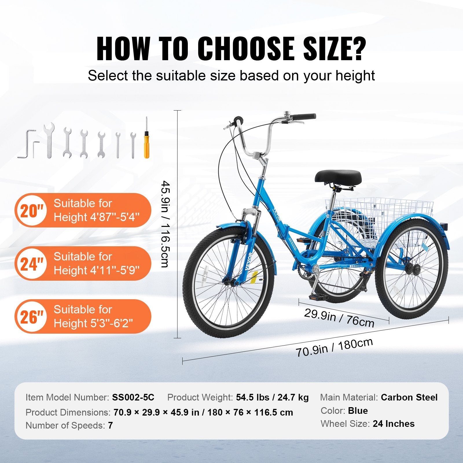 VEVOR Folding Adult Tricycle, 24-Inch 7-Speed Adult Folding Trikes, Carbon Steel 3 Wheel Cruiser Bike with Basket & Adjustable Seat, Shopping Picnic Foldable Tricycles for Women, Men, Seniors (Blue) 