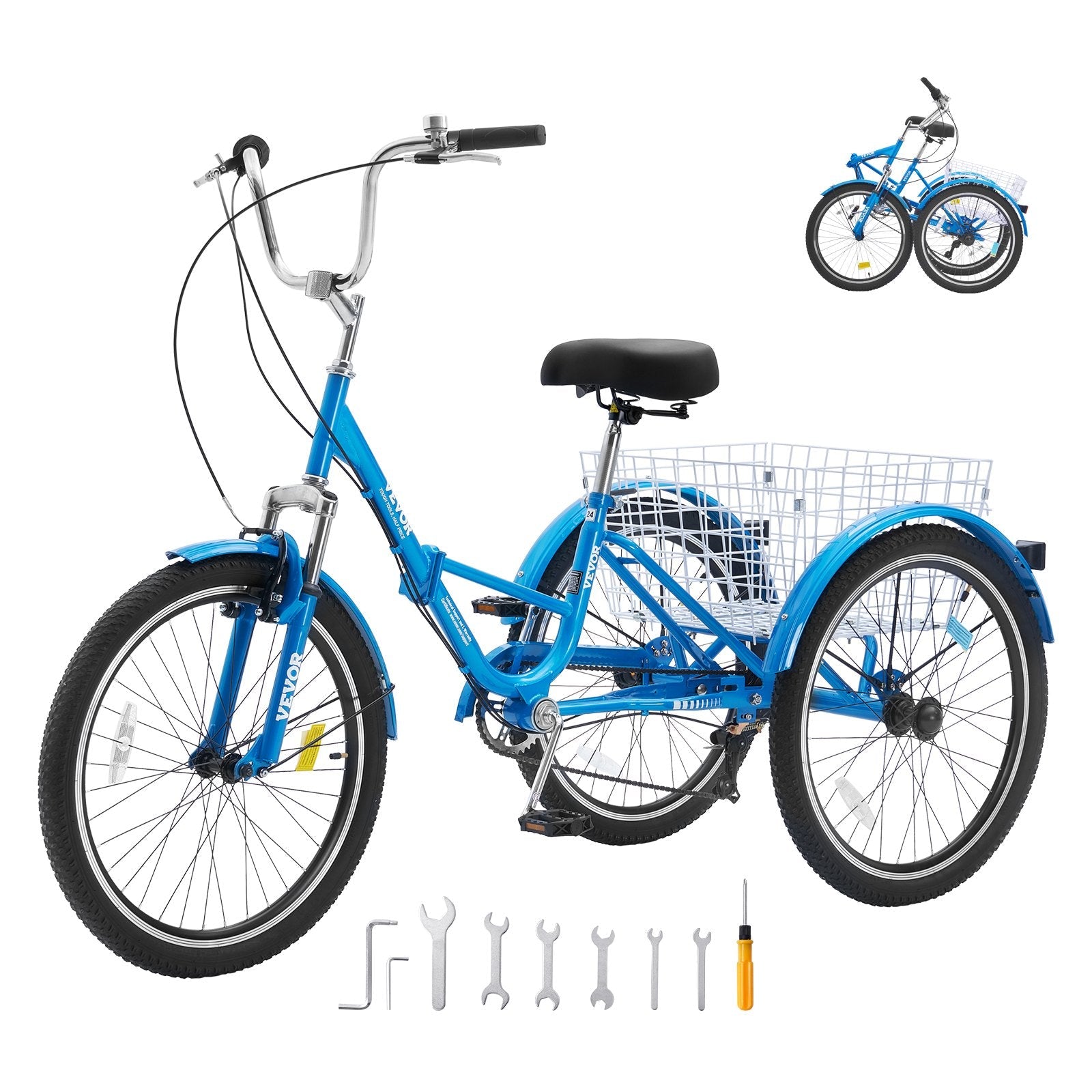 VEVOR Folding Adult Tricycle, 24-Inch 7-Speed Adult Folding Trikes, Carbon Steel 3 Wheel Cruiser Bike with Basket & Adjustable Seat, Shopping Picnic Foldable Tricycles for Women, Men, Seniors (Blue) 