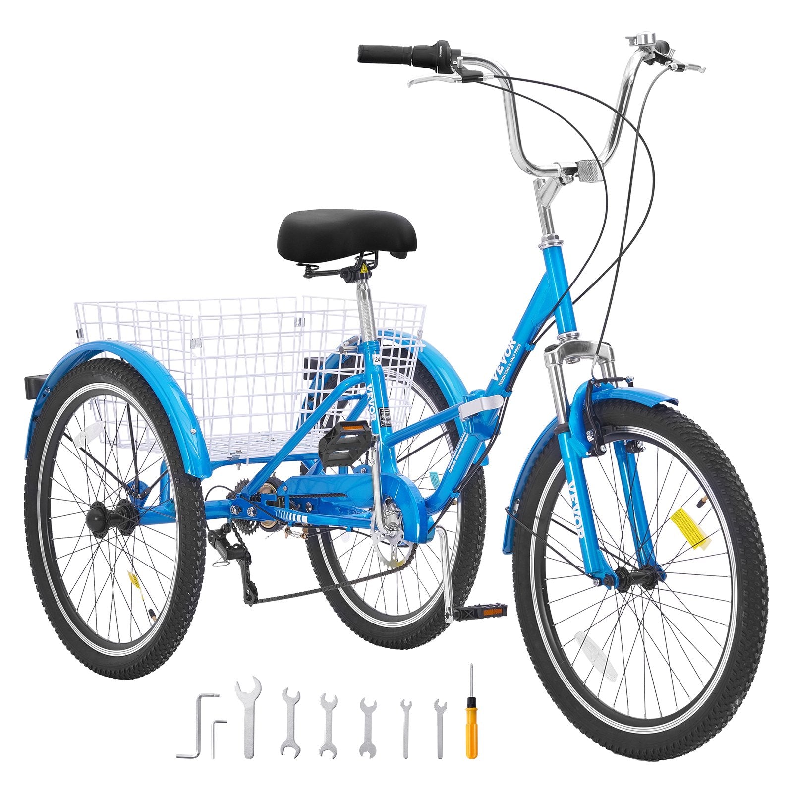 VEVOR Folding Adult Tricycle, 24-Inch 7-Speed Adult Folding Trikes, Carbon Steel 3 Wheel Cruiser Bike with Basket & Adjustable Seat, Shopping Picnic Foldable Tricycles for Women, Men, Seniors (Blue) 