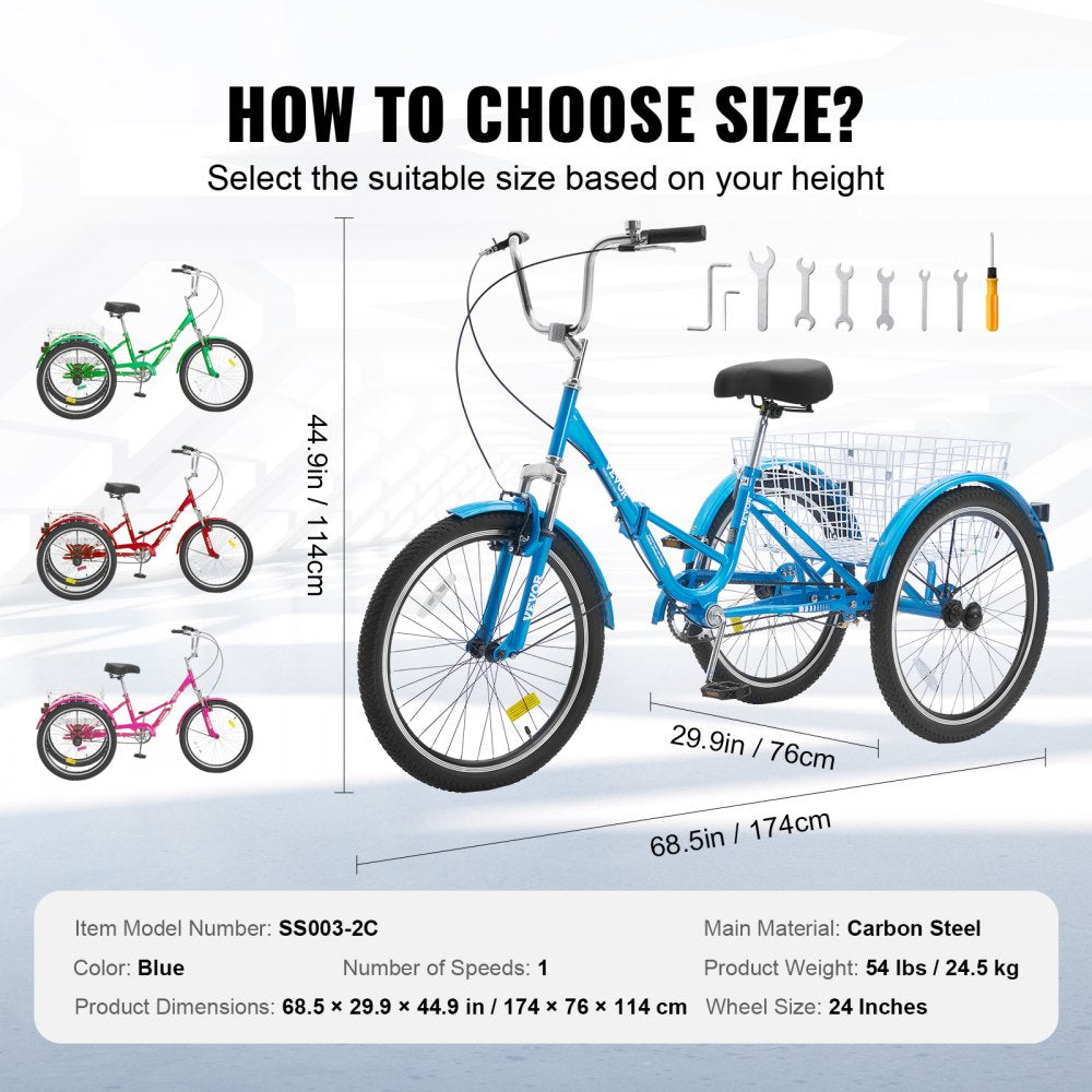 VEVOR Folding Adult Tricycle, 24-Inch Adult Folding Trikes, Carbon Steel 3 Wheel Cruiser Bike with Large Basket & Adjustable Seat, Shopping Picnic Foldable Tricycles for Women, Men, Seniors (Blue) 
