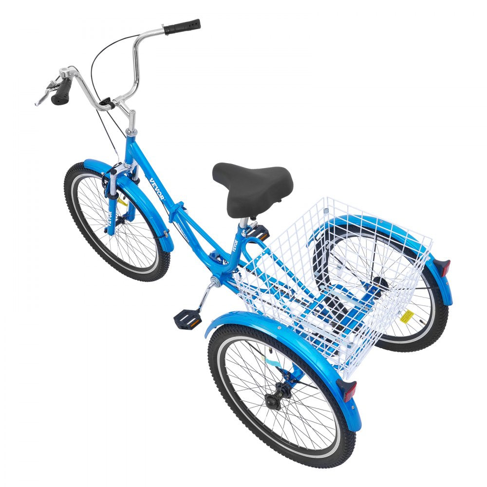 VEVOR Folding Adult Tricycle, 24-Inch Adult Folding Trikes, Carbon Steel 3 Wheel Cruiser Bike with Large Basket & Adjustable Seat, Shopping Picnic Foldable Tricycles for Women, Men, Seniors (Blue) 